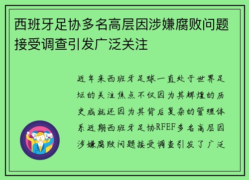西班牙足协多名高层因涉嫌腐败问题接受调查引发广泛关注